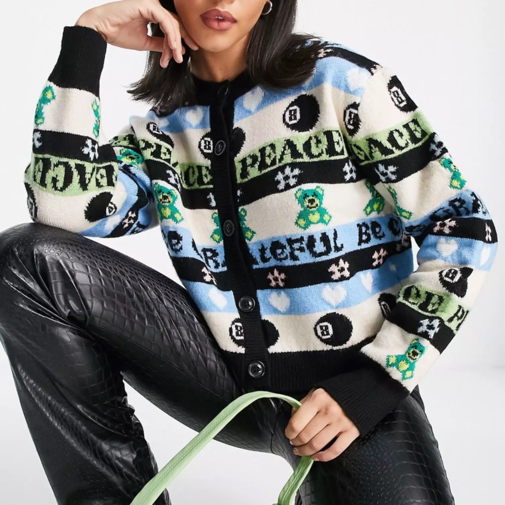 Topshop vintage Y2K magic 8 ball peace stripe knit cardigan sweater size small